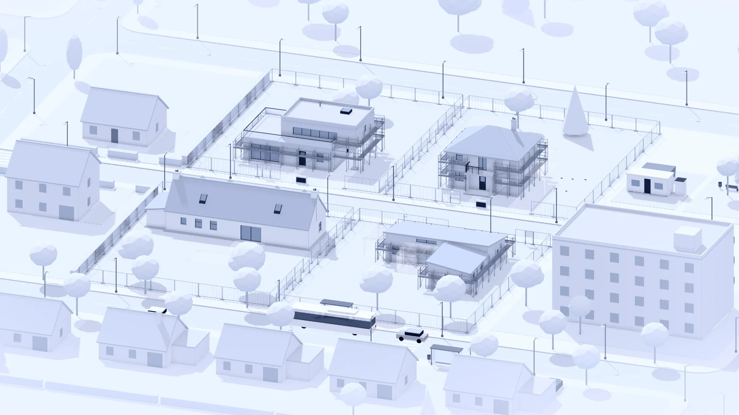 Le lotissement à hauteur d’œil, maisons à des stades différents.