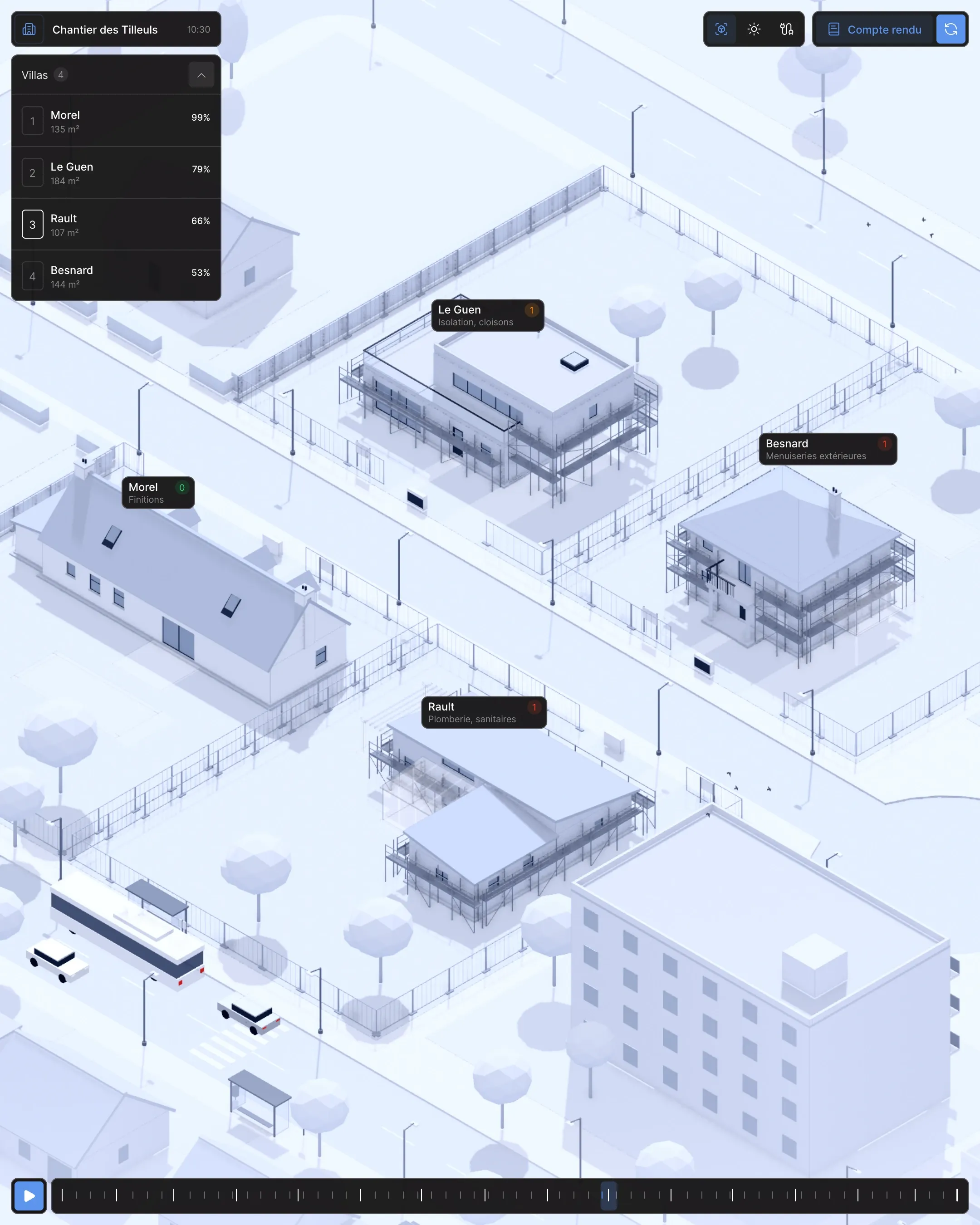 La liste des villas ouverte sur la maquette, avec l’avancement de chaque logement.