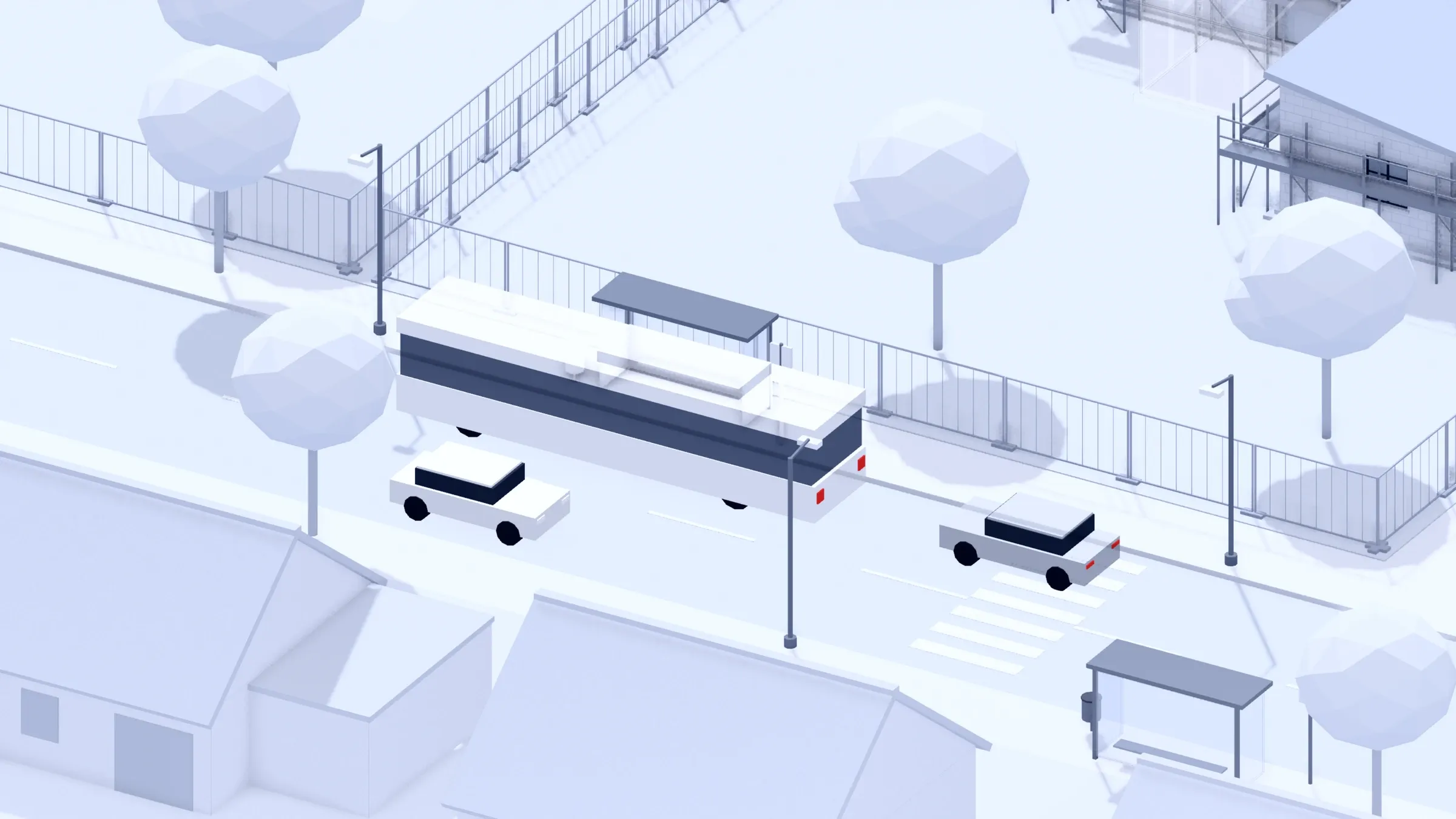 Une rue du lotissement : un bus, son abribus, des voitures et le passage piéton.