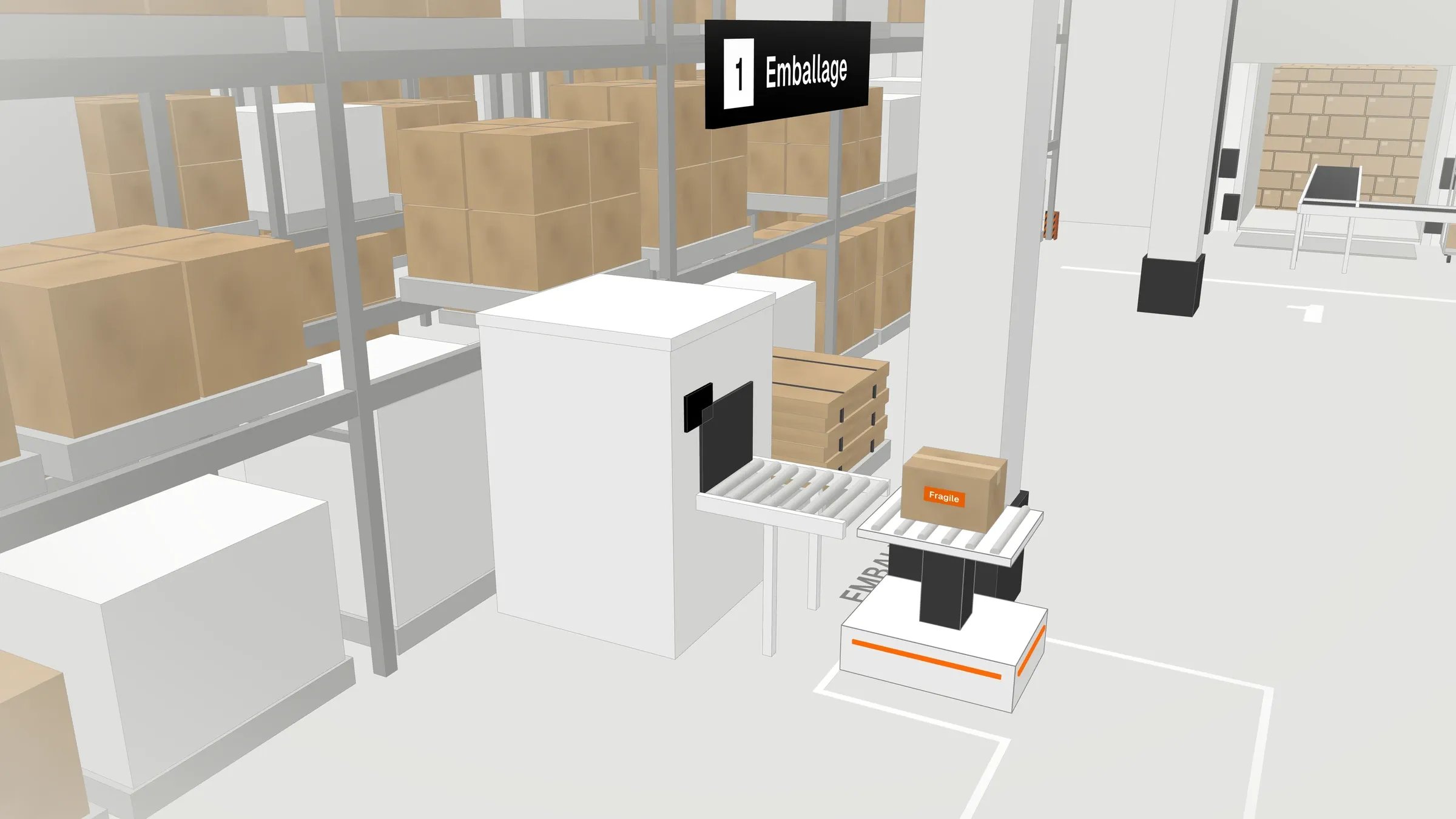 À la sortie de la machine d’emballage, le robot attend le carton suivant.