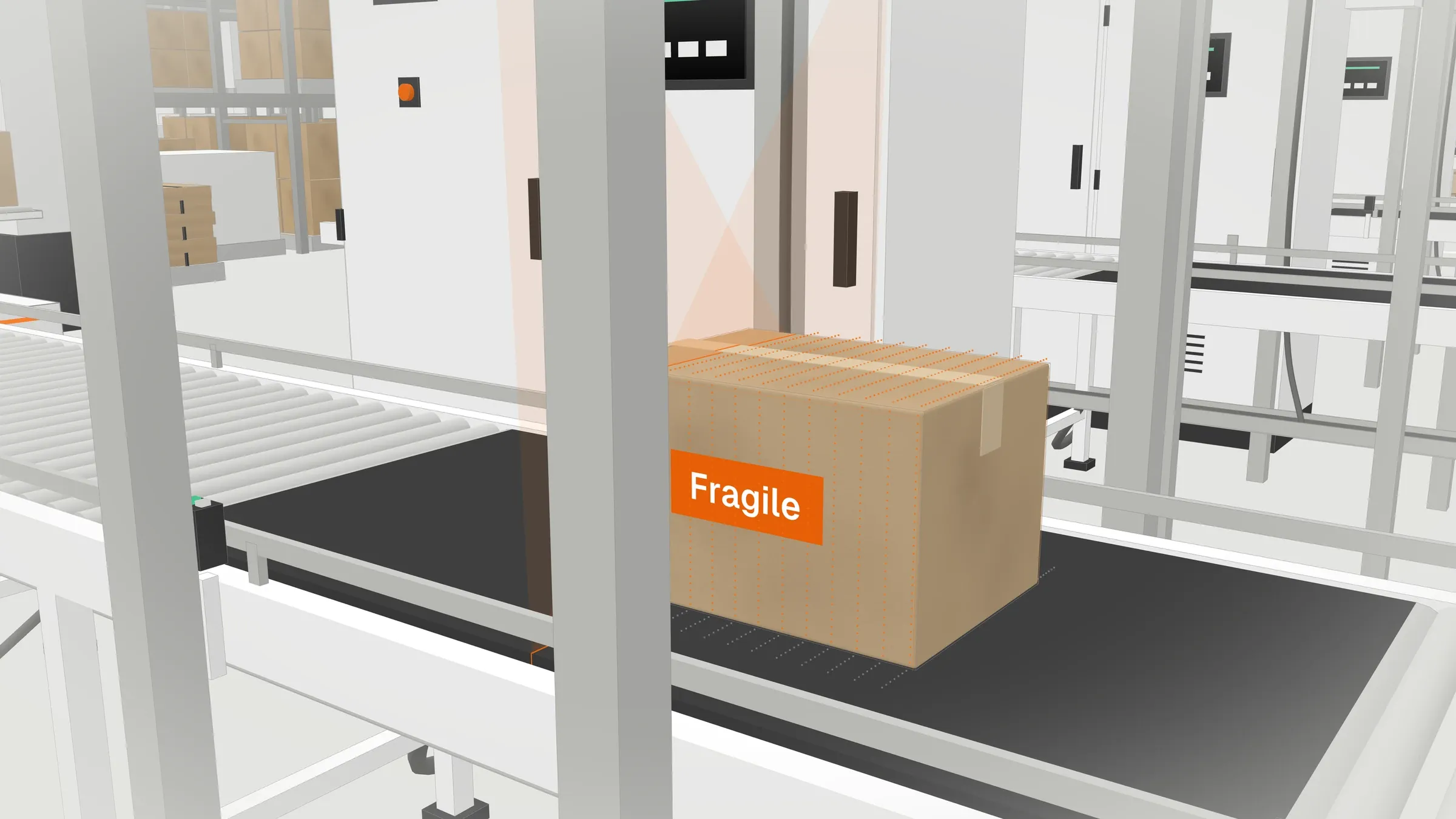 Le carton passe sous le portique de mesure, au plus près des machines.