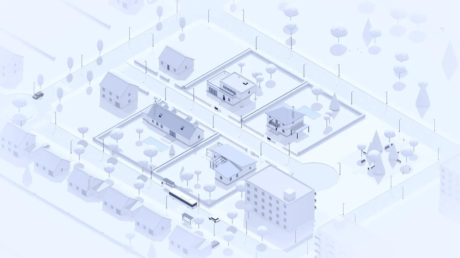 La maquette 3D du lotissement BuildSync, quatre maisons livrées autour d'une rue