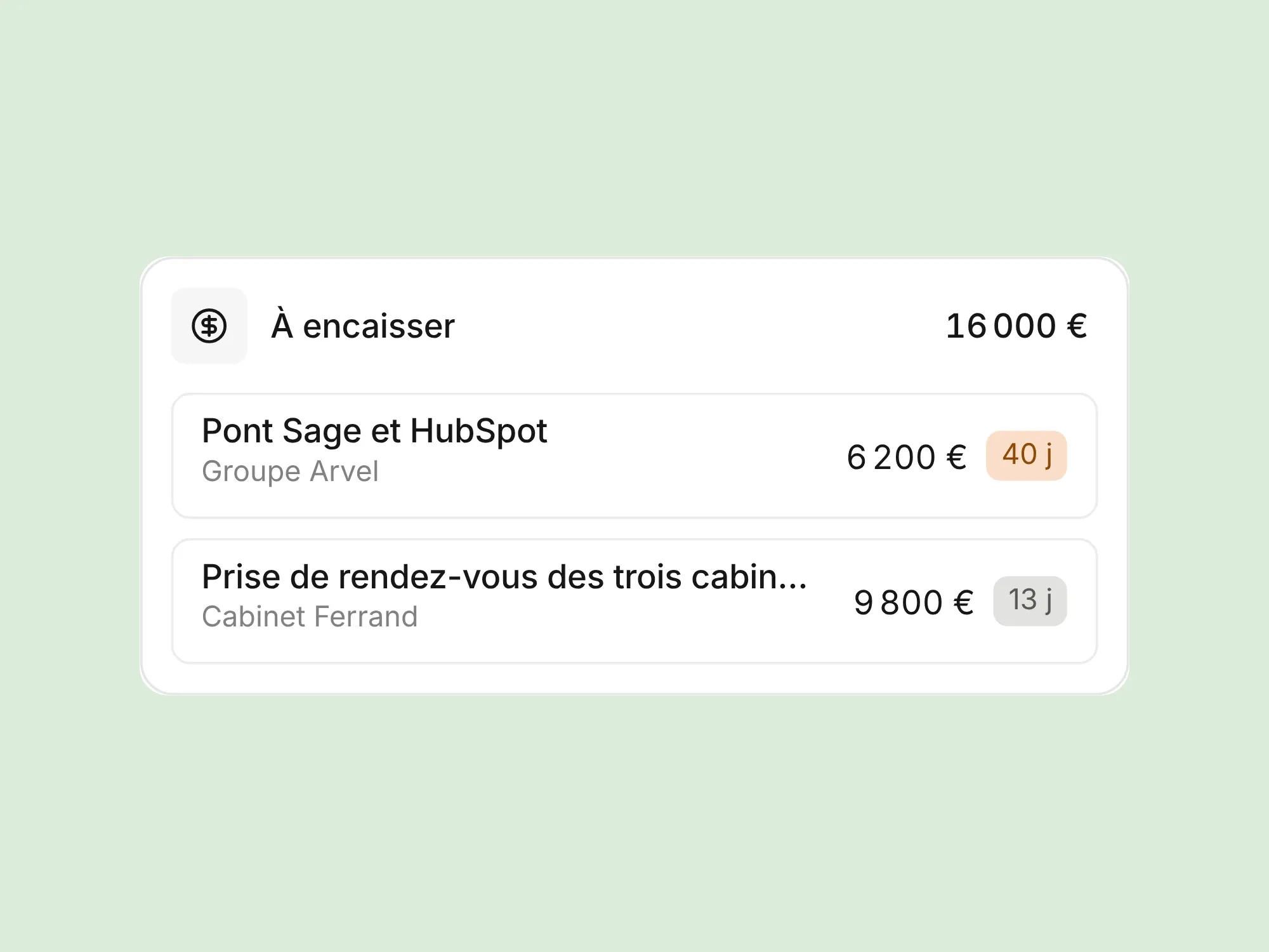 La carte « À encaisser » : deux projets, 16 000 € au total.