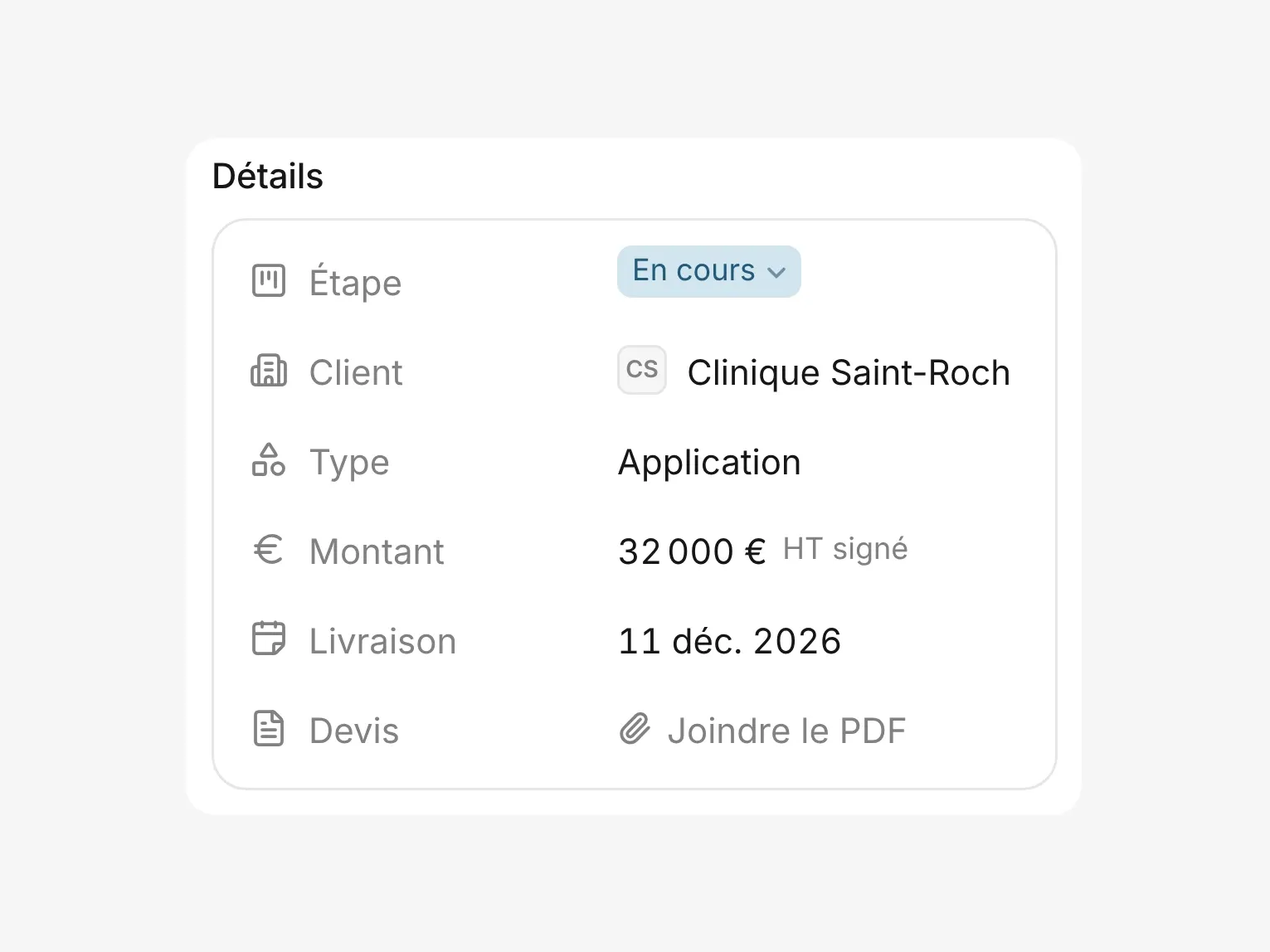 Les détails d’un projet : étape, client, type, montant signé, livraison et devis.
