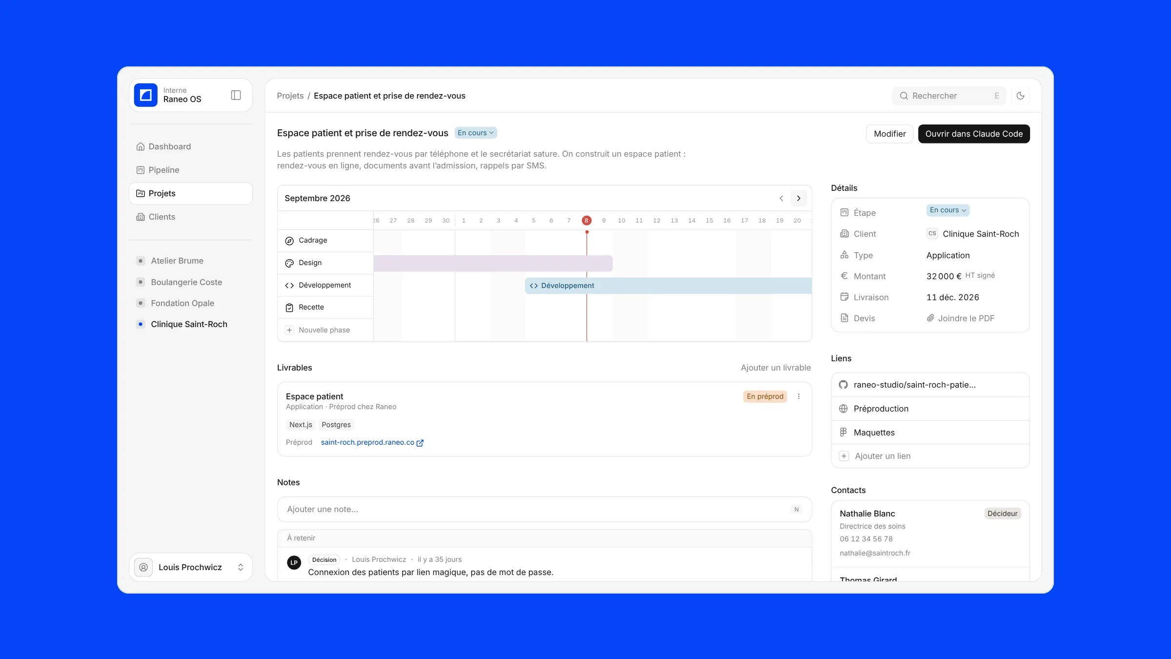 La fiche d’un projet : planning par phase, détails, livrables, liens, contacts et notes.