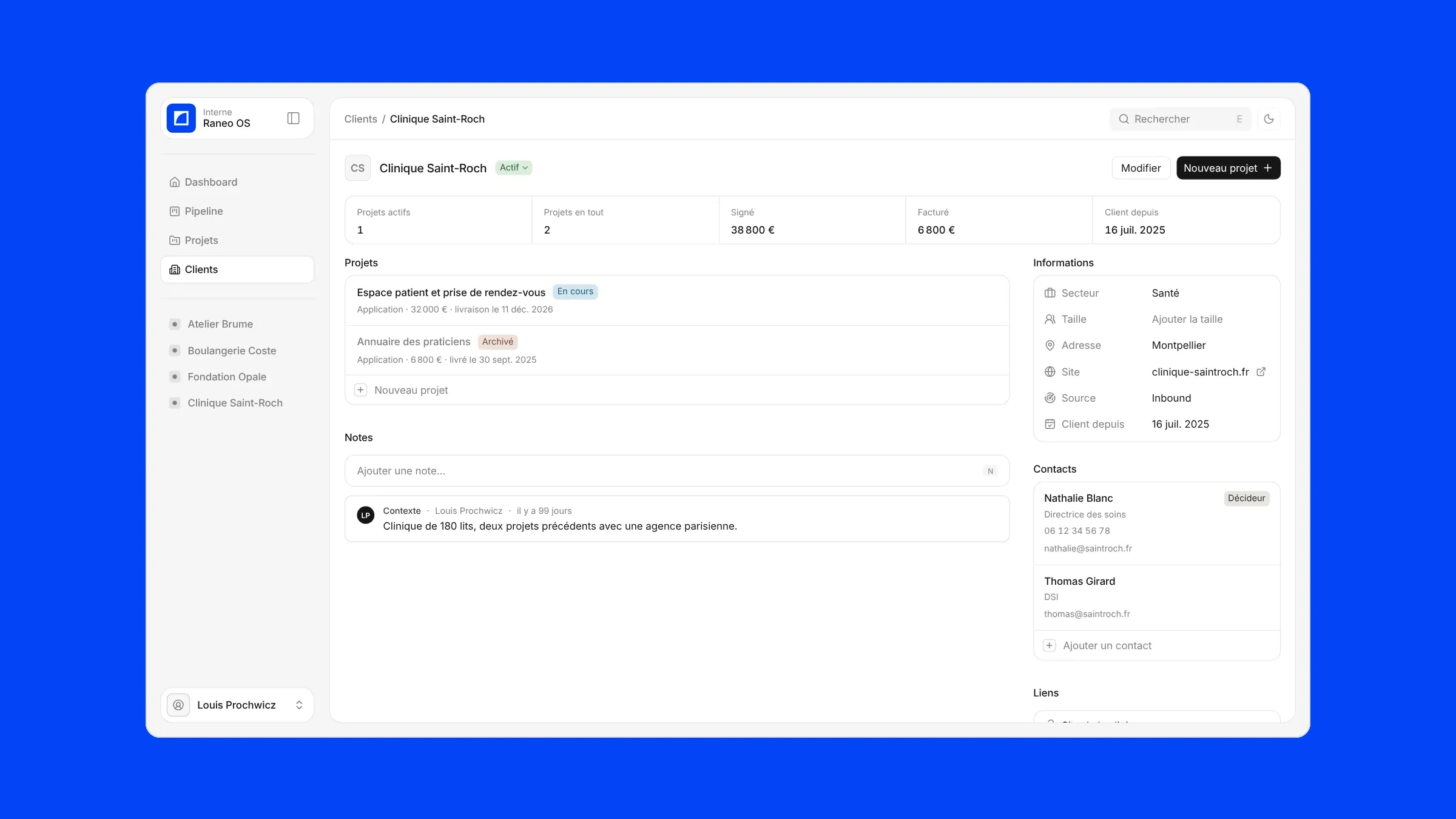 La fiche d’un client : ses projets, ce qu’il a signé et payé, ses informations et ses contacts.