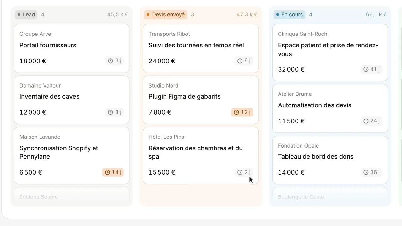 Une carte glissée de Lead à Devis envoyé : la fenêtre demande le montant du devis, puis un message propose d’annuler.