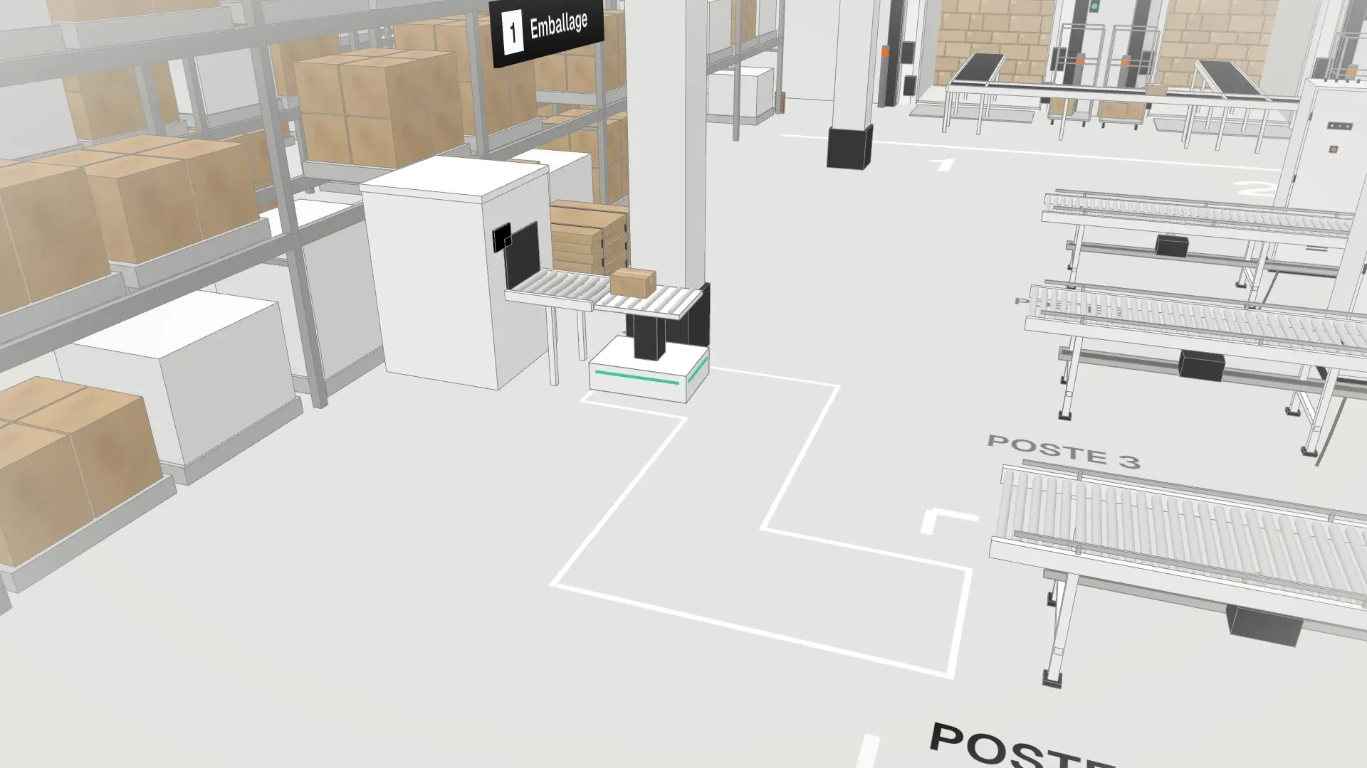 Le robot charge un carton à la sortie de la machine d’emballage et l’apporte au poste.