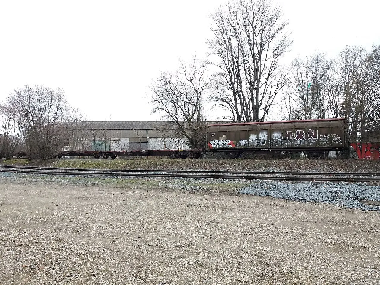 Des wagons de marchandises sur une voie du port Édouard-Herriot, avenue Tony-Garnier