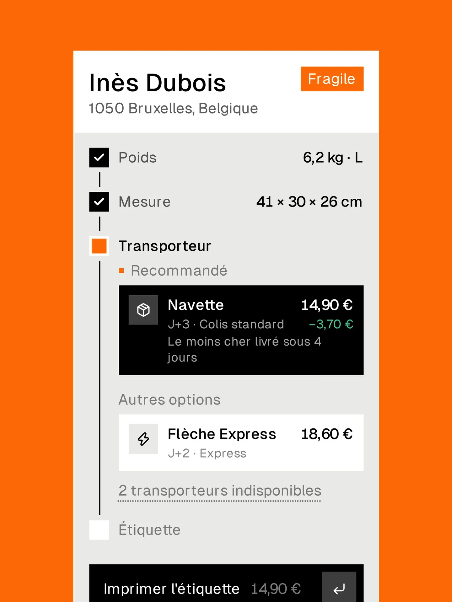 Le panneau qui passe d’une étape à l’autre, sur fond orange.