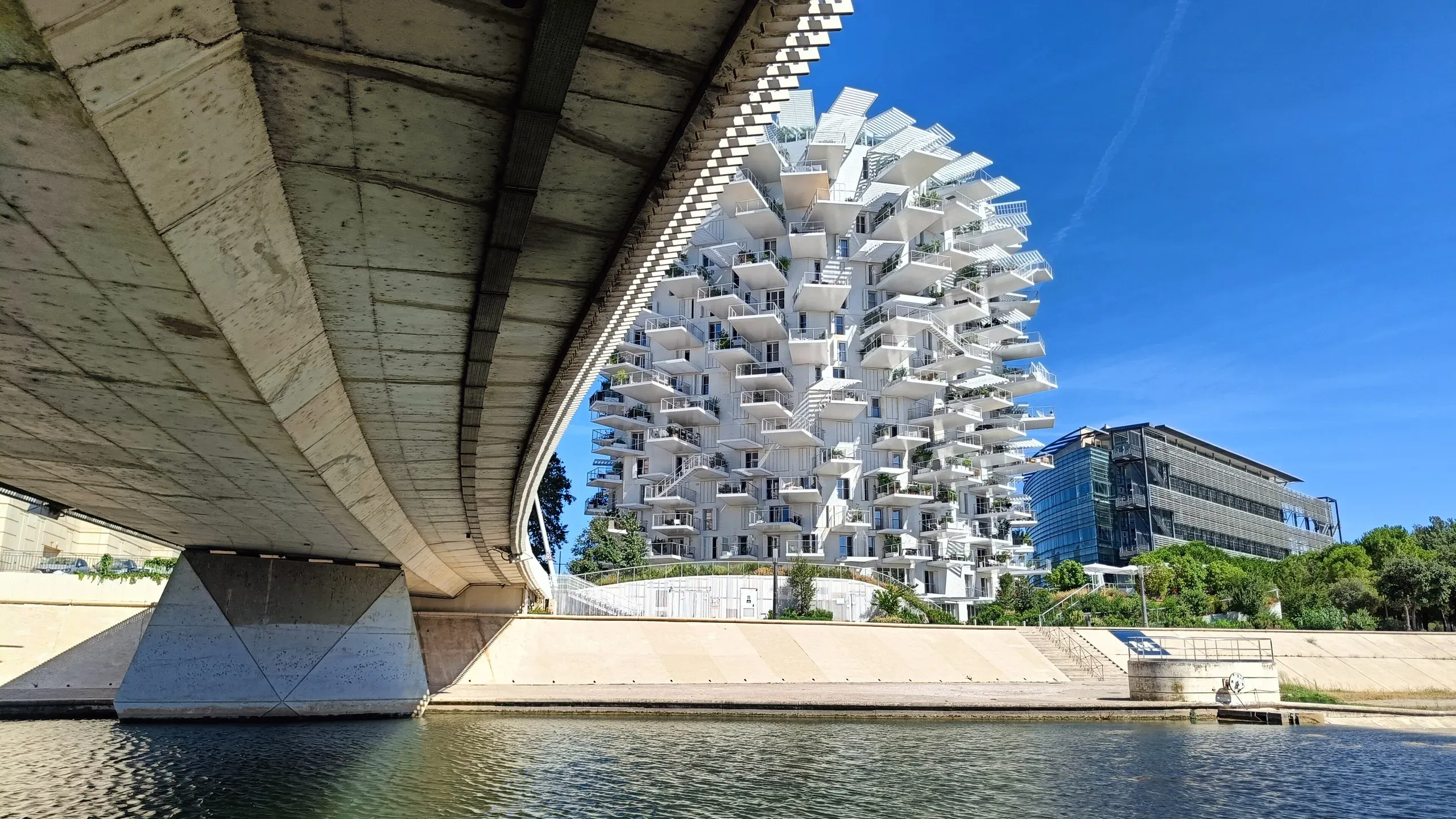 La tour de l’Arbre blanc et ses balcons en porte-à-faux au bord du Lez, vue depuis le dessous d’un pont