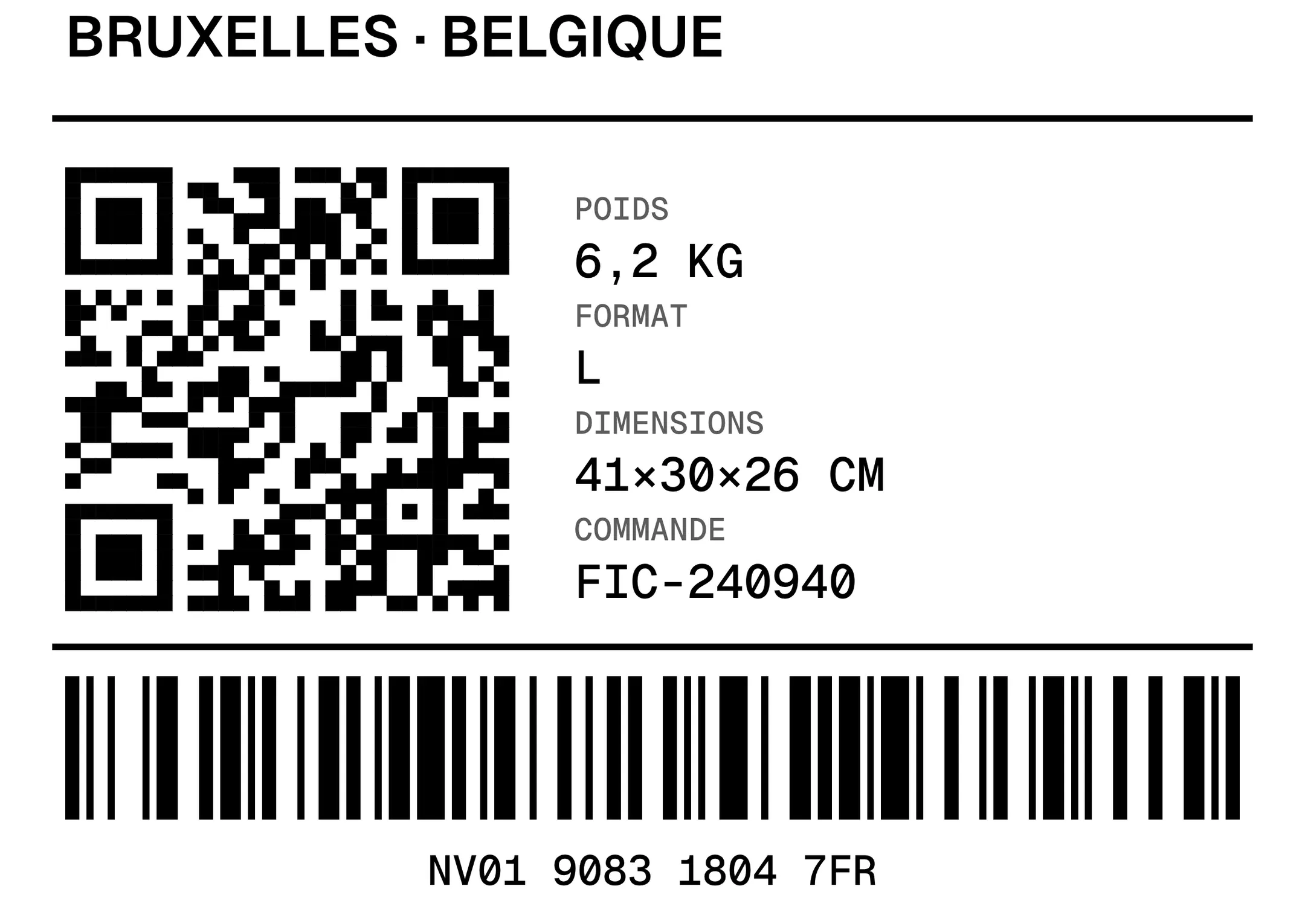 Détail de l’étiquette transporteur : QR code, poids, format, dimensions, numéro de commande et code-barres.