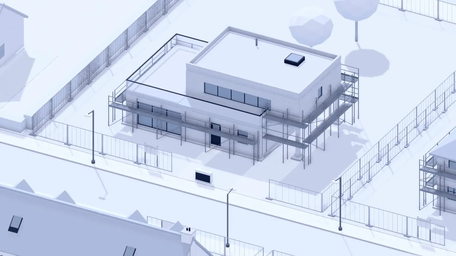 La caméra tourne autour d’une maison en chantier, échafaudages et clôtures compris.