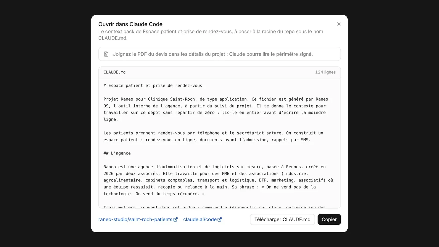 La fenêtre « Ouvrir dans Claude Code » et le fichier CLAUDE.md du projet
