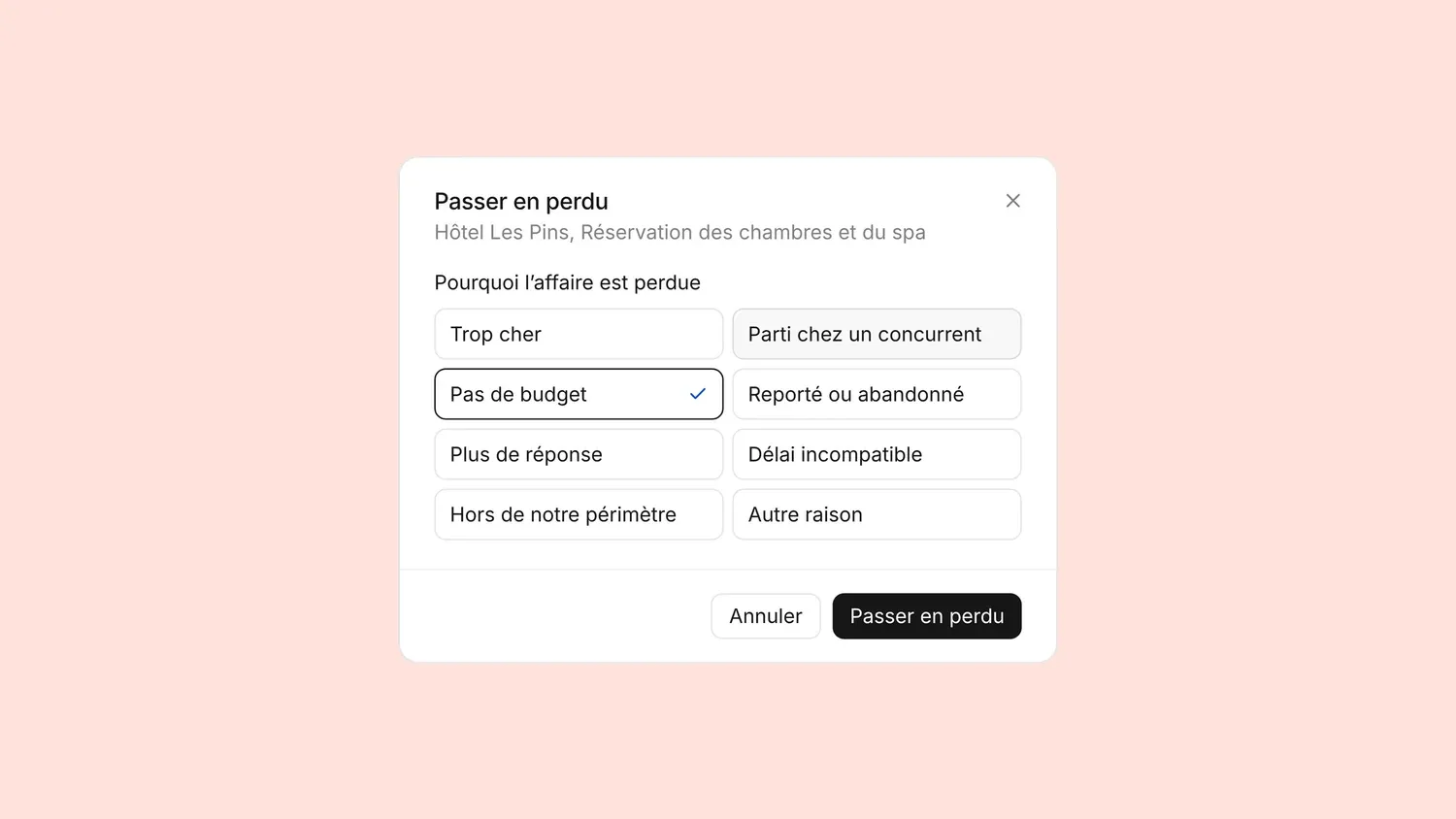 La fenêtre « Passer en perdu » : huit raisons au choix