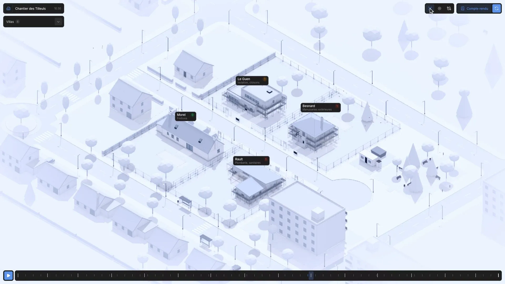 Le mode réseaux : électricité, eau et fibre se déroulent de la rue jusqu’aux maisons.